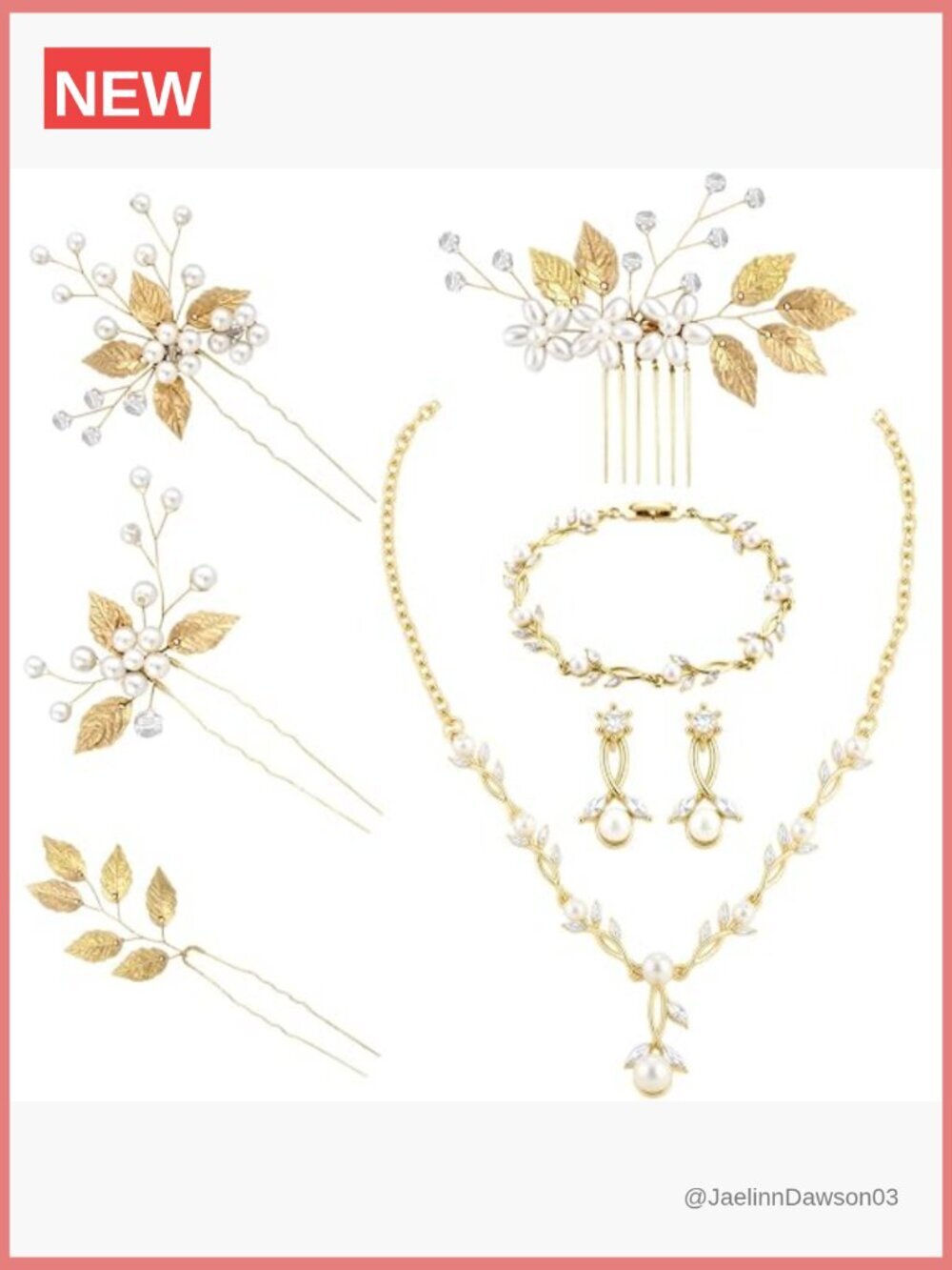 8 Piece Crystal Wedding Jewelry Set Gold Leaf Pearl Necklace Earrings Bracelet